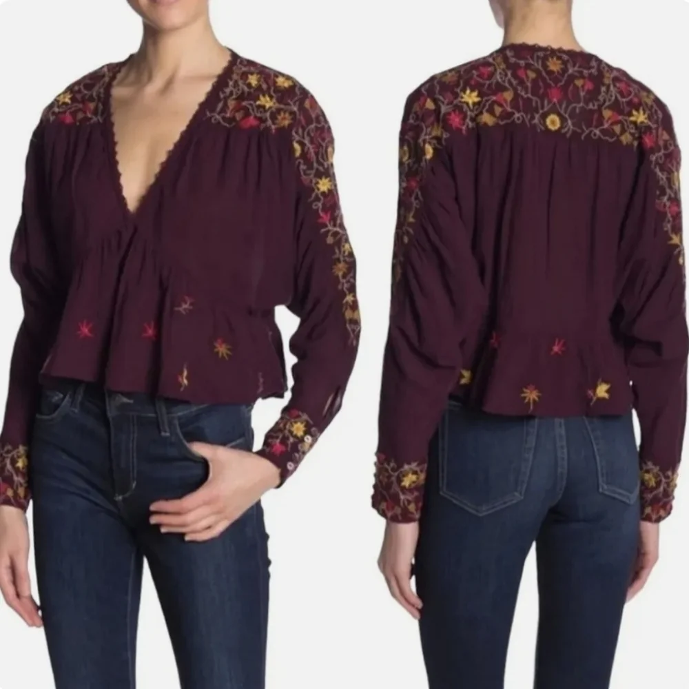 Free People Wildflower Ava Embroidered Boho Top Blouse Women's Size Small